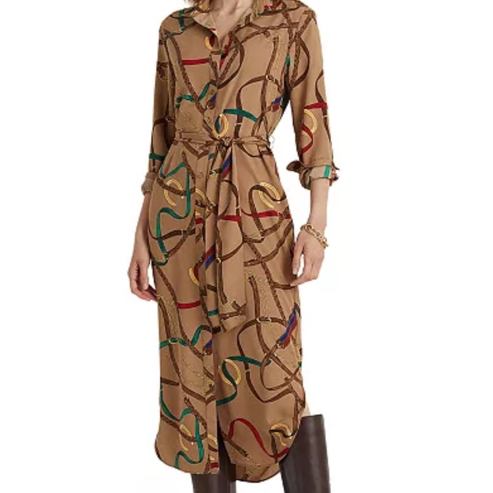 Ralph Lauren Beige Long-Sleeve Chain Print Shirt Dress - Picture 5 of 5